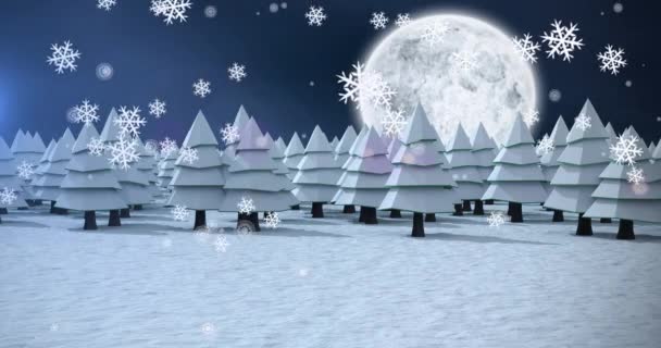Animatie Van Sneeuwvlokken Vallen Kerstlandschap Met Maan Kerstmis Traditie Viering — Stockvideo