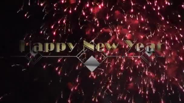 Animation Του Ευτυχισμένου Νέου Έτους Χαιρετισμούς Πάνω Διακόσμηση Και Πυροτεχνήματα — Αρχείο Βίντεο
