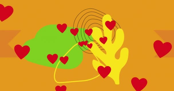 Animacja Ilustracji Zielonych Żółtych Abstrakcyjnych Kształtów Liści Czerwonymi Sercami Pomarańczowym — Wideo stockowe