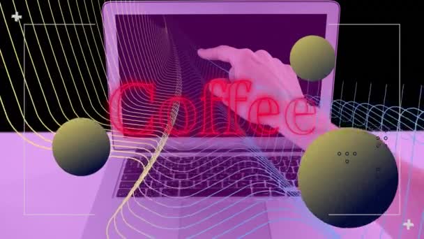 Animazione Testo Caffè Neon Rosso Sfere Linee Parallele Portata Mano — Video Stock