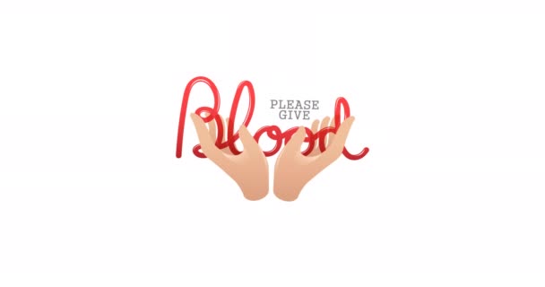 白い背景に手と採血管のロゴが入った血液テキストをお願いします 献血月間認知キャンペーンのコンセプトデジタル生成ビデオ — ストック動画