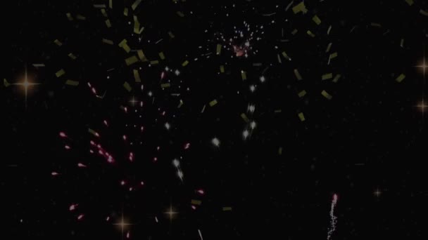 Animatie Van Confetti Vallen Vuurwerk Exploderen Nieuwjaar Oudejaarsavondfeest Festiviteits Feestconcept — Stockvideo