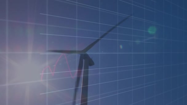 風力タービン上の財務データ処理のアニメーション 地球規模の気候変動 持続可能性 風力エネルギーの概念をデジタルで — ストック動画