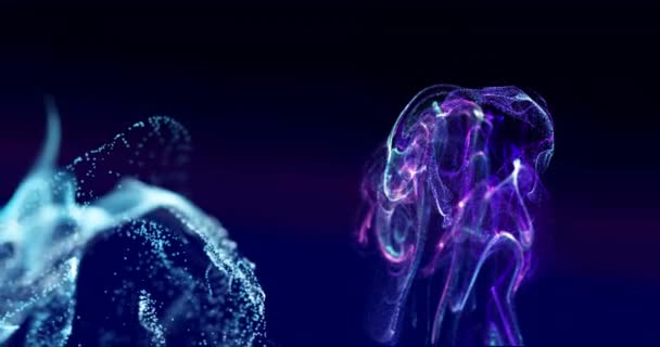 Animatie Van Gloeiende Blauwe Paarse Deeltjesvormen Die Bewegen Zwarte Achtergrond — Stockvideo