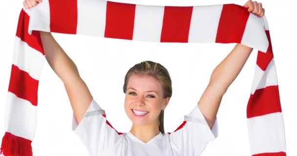 Animation Smiling Female Sports Fan Holding Red White Scarf White — Stock Video