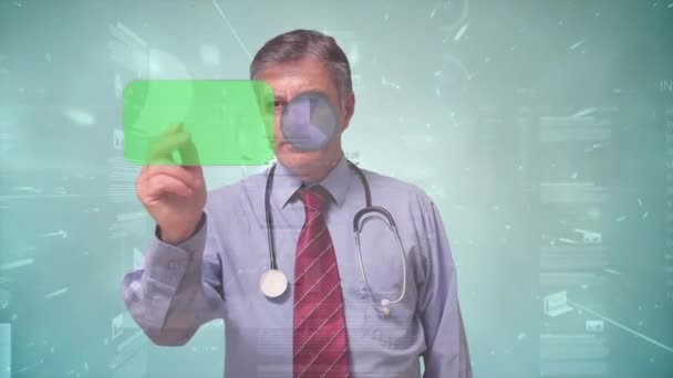 Animace Mužského Lékaře Dotykovým Rozhraním Zelenou Obrazovkou Zpracováním Dat Globální — Stock video