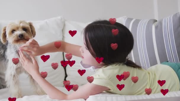Animation Hearts Moving Caucasian Girl Wearing Face Mask Playing Her — Stock Video
