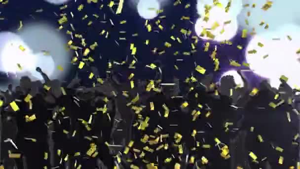 Animasi Emas Confetti Jatuh Atas Kerumunan Menari Dengan Bintik Bintik — Stok Video