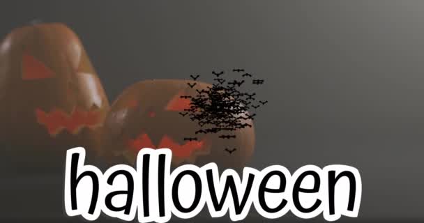 Halloween Baner Tekstowy Wiele Latających Ikon Nietoperzy Halloween Dynie Szarym — Wideo stockowe