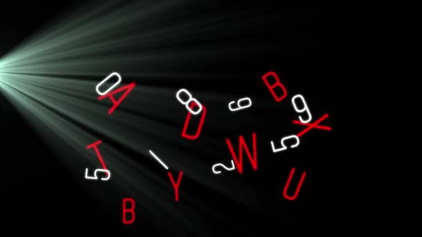 Анимация Изменения Белых Цифр Красных Букв Светящимися Маячками Чёрном Фоне — стоковое видео