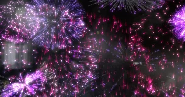 在夜空中爆炸的粉色和红色烟火的动画 庆祝活动 传统和季节性活动的概念 — 图库视频影像