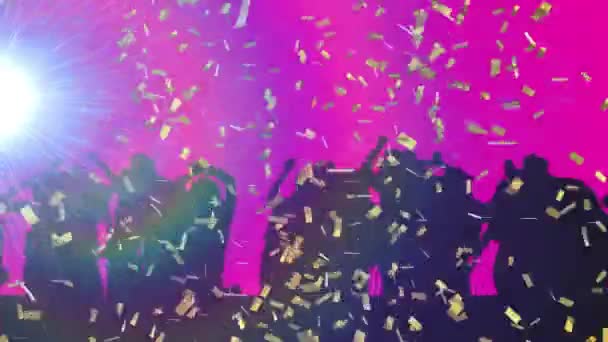 Animatie Van Gouden Confetti Vallen Dansende Menigte Met Knipperende Schijnwerpers — Stockvideo