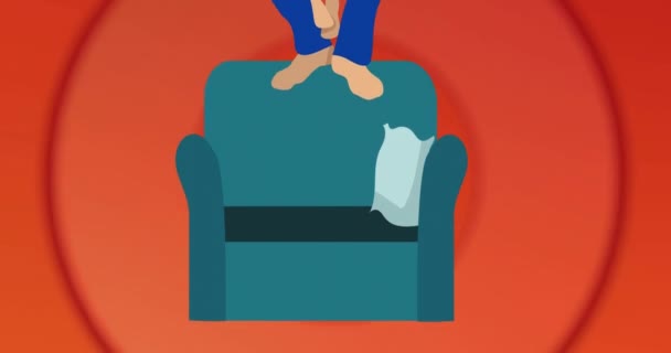 Animación Ilustración Padre Hija Sentados Sillón Abrazando Usando Portátil Rojo — Vídeo de stock