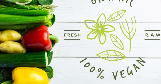 Animação Texto Orgânico 100 Por Cento Vegan Verde Sobre Legumes — Vídeo de Stock