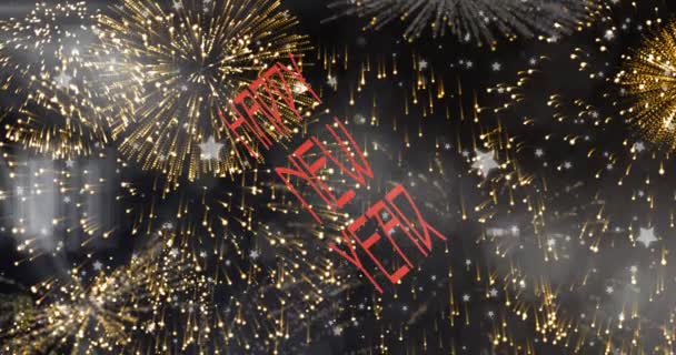 Animație Text Fericit Anul Nou Roșu Peste Focuri Artificii Aur — Videoclip de stoc