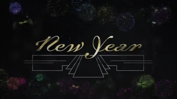 Анимация Счастливого Новогоднего Текста Золоте Над Фейерверками Взрывающимися Ночном Небе — стоковое видео