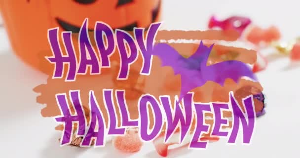 Feliz Pancarta Texto Halloween Con Icono Murciélago Contra Cubo Forma — Vídeo de stock