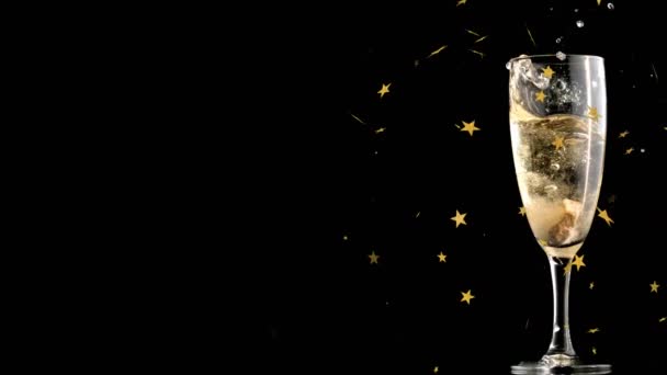 Animation Stars Floating Glass Champagne Black Background New Year Eve — Stock Video