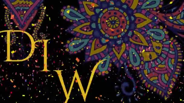 Confetti Caindo Sobre Texto Diwali Contra Desenhos Decorativos Florais Coloridos — Vídeo de Stock