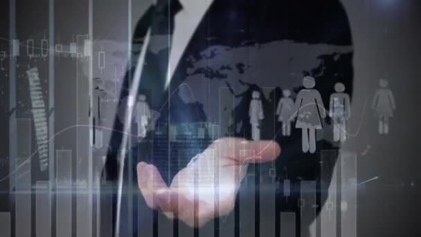 Animation Von Geschäftsleuten Mit Menschen Symbolen Und Datenverarbeitung Globale Geschäftskommunikationstechnologie — Stockvideo