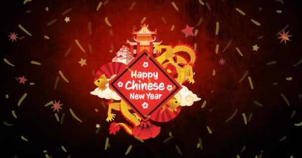 Animatie Van Vrolijke Chinese Nieuwjaarstekst Met Draak Tempels Gele Confetti — Stockvideo