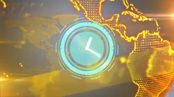 Animation Scanner Avec Cadran Horloge Sur Réseau Global Jaune Brillant — Video