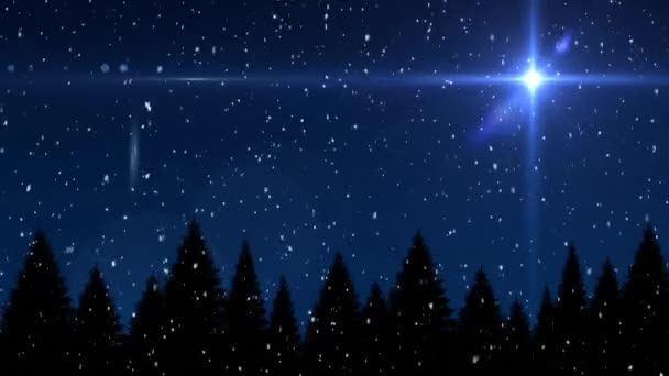 Анимация Снега Падающего Над Светящейся Рождественской Звездой Рождественскими Деревьями Синем — стоковое видео