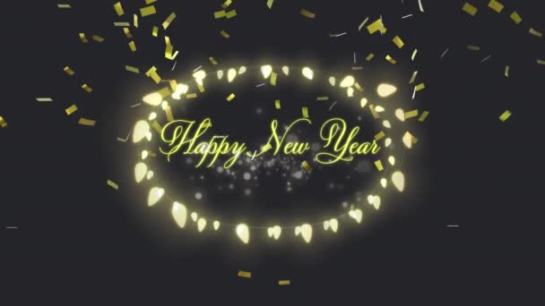 Animasi Bahagia Tahun Baru Salam Dengan Lampu Peri Dan Confetti — Stok Video