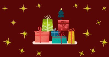Kahverengi arka planda düşen noel yıldızlarının görüntüsü. Noel, gelenek ve kutlama konsepti dijital olarak oluşturuldu.