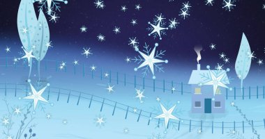 Karların üzerine düşen kar tanelerinin görüntüsü evle birlikte kış manzarası. Noel, gelenek ve kutlama konsepti dijital olarak oluşturuldu.