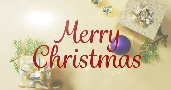 Зображення Веселого Різдвяного Тексту Над Подарунками Різдво Зима Традиція Концепція — стокове фото