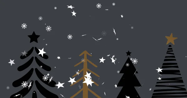 Imagen Estrellas Navideñas Cayendo Sobre Bosque Sobre Fondo Gris Navidad —  Fotos de Stock