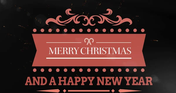 Obrázek Veselé Vánoce Šťastný Novoroční Text Nad Ohňostrojem Vánoční Zimní — Stock fotografie