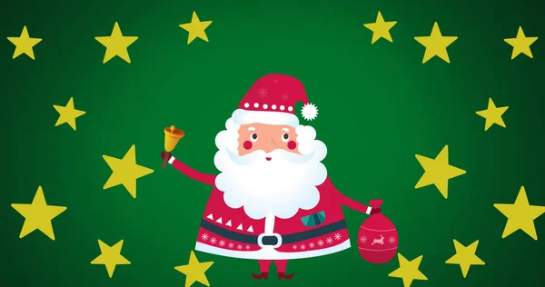 Obrázek Vánočních Hvězd Santa Claus Zvonkem Zeleném Pozadí Vánoční Tradiční — Stock fotografie