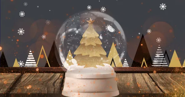 Kahverengi Arka Planda Kar Küresinin Üzerine Düşen Noel Kar Tanelerinin — Stok fotoğraf