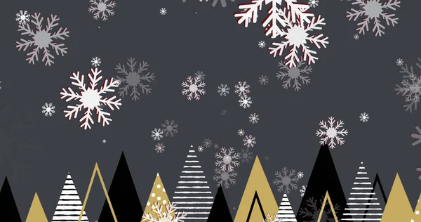 Bild Von Schneeflocken Die Über Weihnachtsbäume Auf Dunkelgrauem Hintergrund Fallen — Stockfoto