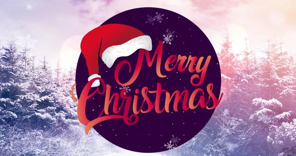 Obrázek Veselého Vánočního Textu Nad Jedlemi Vánoční Tradiční Slavnostní Koncept — Stock fotografie