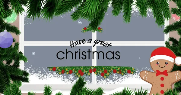 モミの木と窓の上に素晴らしいクリスマステキストを持っているのイメージ クリスマス冬伝統お祝いのコンセプトデジタルで生成されたイメージ — ストック写真