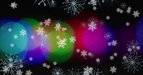 Imagen Copos Nieve Luces Navideñas Sobre Fondo Negro Navidad Tradición —  Fotos de Stock