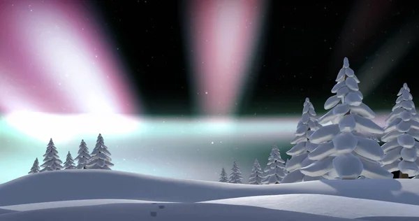 Afbeelding Van Het Winterlandschap Met Kerst Boven Aurora Kerstmis Winter — Stockfoto