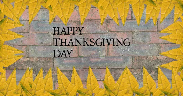 Image Happy Thanksgiving Day Text Bricks Autumn Leaves Seasons Autumn — Stock Photo, Image