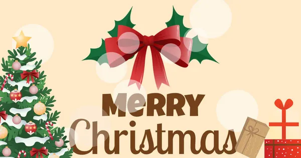 赤いリボンとクリスマスツリー上の陽気なクリスマステキストのイメージ クリスマス冬伝統お祝いのコンセプトデジタルで生成されたイメージ — ストック写真