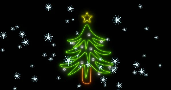 Noel Siyah Arka Planda Yağan Karların Üzerindeki Neon Noel Ağacı — Stok fotoğraf