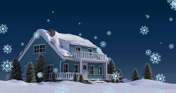 Imagen Copos Nieve Navidad Cayendo Sobre Casa Cubierta Nieve Jardín — Foto de Stock