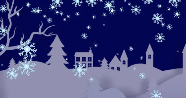 圣诞节的雪花飘落在冬季的风景与房子的图像 圣诞节 传统和庆祝概念数字生成的图像 — 图库照片