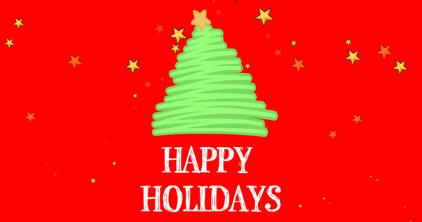 Kép Boldog Ünnepek Szöveg Hajlított Karácsonyfa Arany Csillagok Piros Háttérrel — Stock Fotó