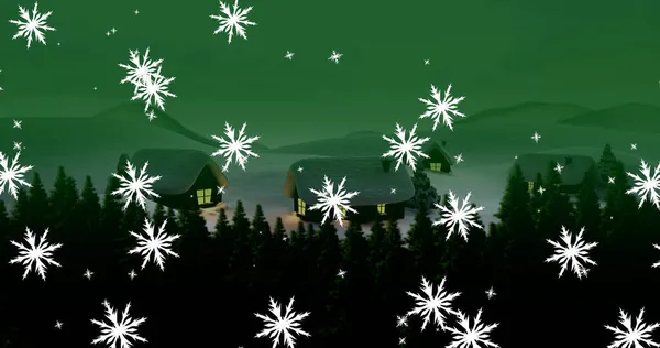 在圣诞节的风景上 有许多房屋和树木 上面飘落着雪的图像 圣诞节 传统和庆祝概念数字生成的图像 — 图库照片
