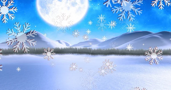 Изображение Рождественских Снежинок Падающих Над Заснеженным Полем Гор Деревьев Луной — стоковое фото