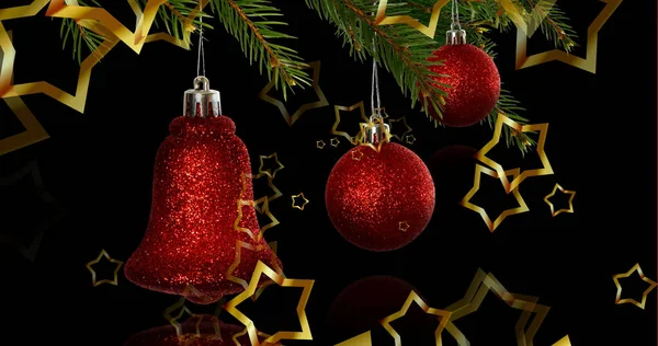 Image Golden Stars Red Christmas Baubles Black Background Christmas Tradition — Stock Photo, Image