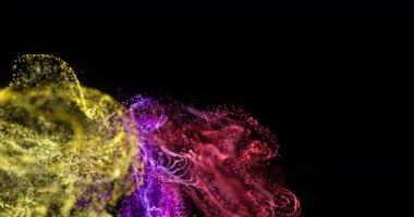 Siyah zemin üzerinde hareket eden pembe ve sarı parçacık bulutlarının animasyonu. hareket, enerji ve biçim, soyut arayüz arkaplan kavramı dijital olarak oluşturulmuş video.